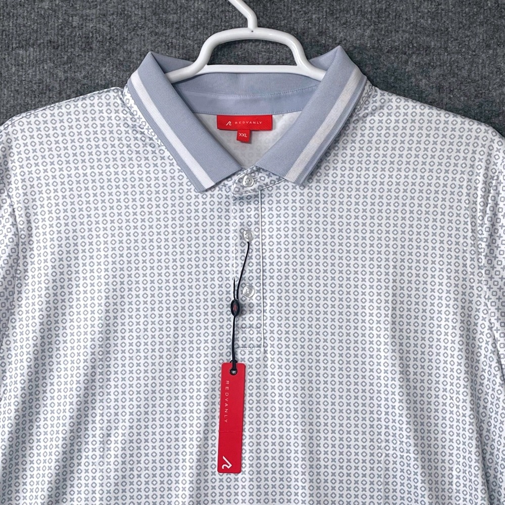 REDVANLY‎ Mens Golf Polo Shirt XXL Blue Whit0 Geometric AOP Short Sleeve